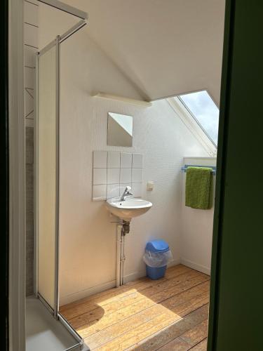 une salle de bain avec un lavabo et une douche dans l'établissement Hebergements Insolites - Etretat Aventure, aux Loges