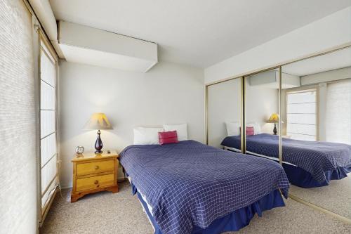 two beds in a room with mirrors at Scott Peak Views in Alpine Meadows