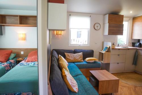 un salon avec un canapé et un lit dans l'établissement Fare iti Les Viviers Lège Cap-Ferret, avec climatisation, à Lège-Cap-Ferret