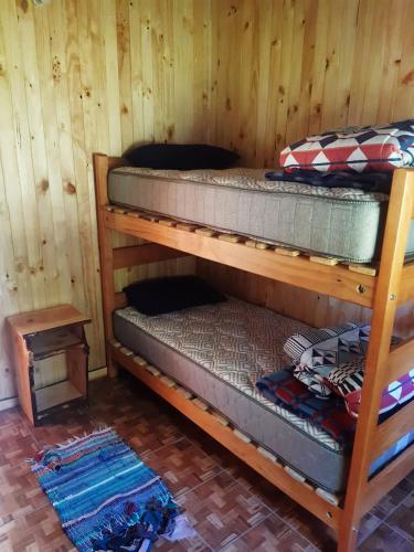 two bunk beds in a room with wooden walls at Cabaña Linoico Paulina Coñaripe in Carriringue