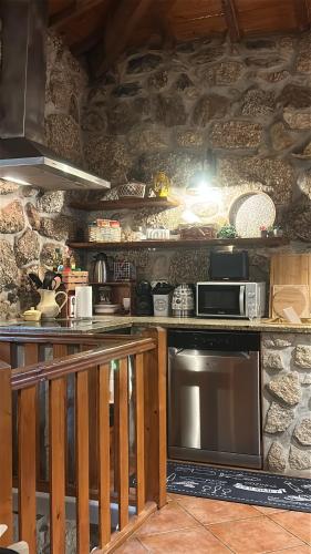 a kitchen with a counter with a microwave and a stove at Casa das Andorinhas in Celorico de Basto