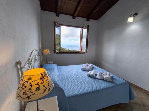 a bedroom with a blue bed and a window at Villa Laura in Nebida