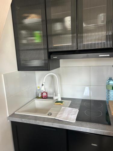 une cuisine avec un évier et un plan de travail dans l'établissement Les toits de Deauville, à Deauville