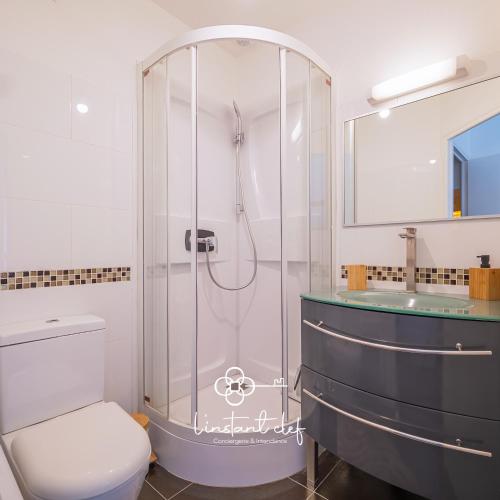 une salle de bain avec une douche avec des toilettes et un lavabo dans l'établissement Proche Tram & Centre Idéal Duo et ou Pro, au Mans