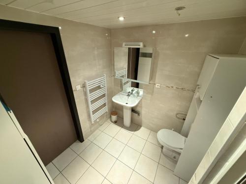 une petite salle de bain avec toilettes et lavabo dans l'établissement studio proche termes Uriage, à Saint-Martin-dʼUriage