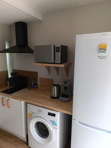 une cuisine avec un micro-ondes et un lave-linge dans l'établissement La Maisonnette, à Lugagnan