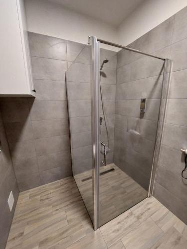 a shower with a glass door in a bathroom at Alipoint Apartments in Spišské Podhradie