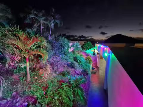 a lit up garden with palm trees and colorful lights at Solace Villa in Little Carrot Bay