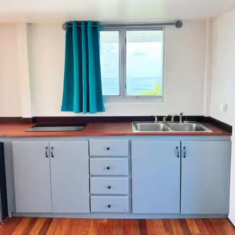 a kitchen with a sink and a window at Solace Villa in Little Carrot Bay
