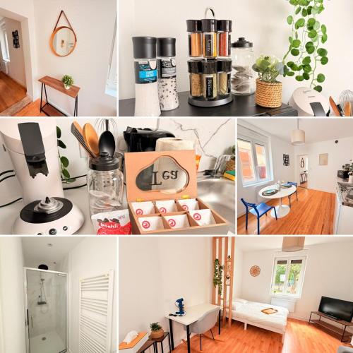 un collage de photos d'une cuisine et d'un salon dans l'établissement La Perle de Schiltigheim - Cosy & Lumineux, à Schiltigheim