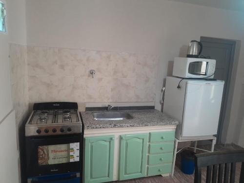 Una cocina con estufa, fregadero y microondas. en Alquileres temporal Belgrano, en Argentina