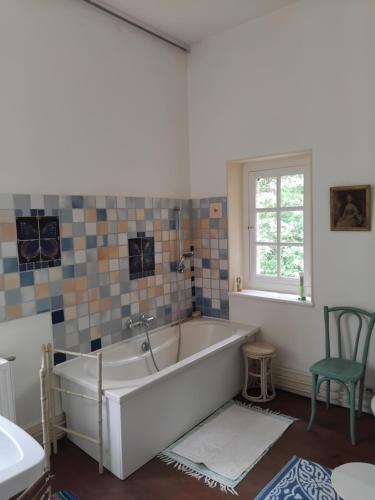 a bath tub in a bathroom with a window at La Tour Des Douves in La Celle-sous-Gouzon