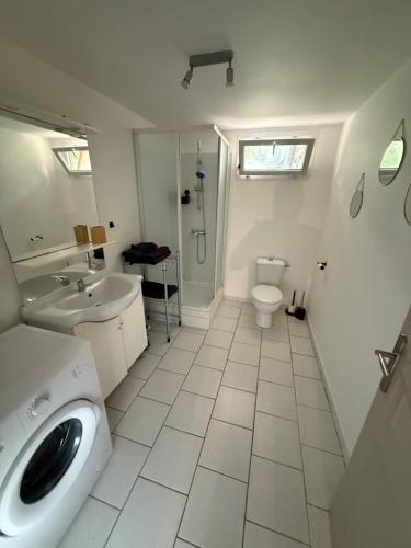une salle de bain blanche avec des toilettes et un lavabo dans l'établissement Maisonette avec jardin au calme, à Salon-de-Provence