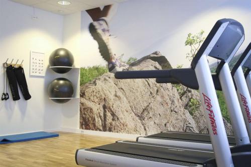 a gym with a treadmill and a wall with a painting at Scandic Kirkenes in Kirkenes