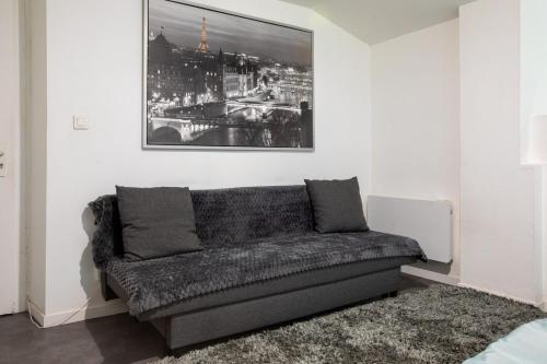 - un canapé dans le salon avec une photo sur le mur dans l'établissement Spacieux Studio, Maison de Maître, Parking Gratuit sur Place, MULHOUSE CENTRE, à Mulhouse