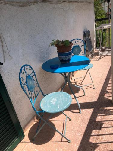 a blue table and chairs with a potted plant on it at La Primula Vicinanza 5 Terre in Riccò del Golfo di Spezia