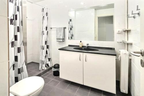 une salle de bain avec un lavabo, des toilettes et un miroir dans l'établissement Le Diamant vue grandiose sur port et mer, piscine privée, à Saint-Raphaël