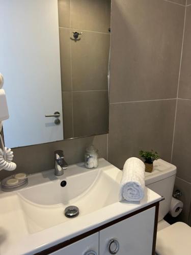 a bathroom with a sink and a mirror at Hermoso monoambiente en Punta Carretas piso 8 in Montevideo