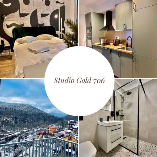 a collage of pictures of a kitchen and a bedroom at SINAI APH Apartments in Sinaia