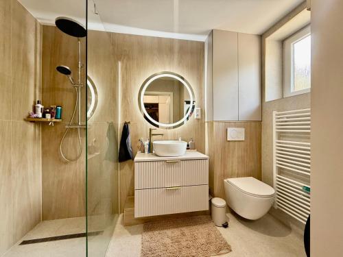 a bathroom with a sink and a toilet and a mirror at Cyprianus Residence in Poprad