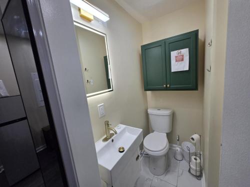 a bathroom with a toilet and a sink and a mirror at G O G Building in Darby