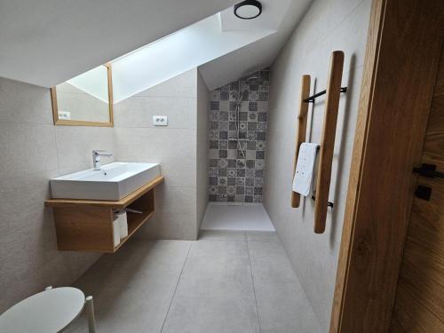 a small bathroom with a sink and a shower at Concha Aurea Apartments in Sveti Juraj