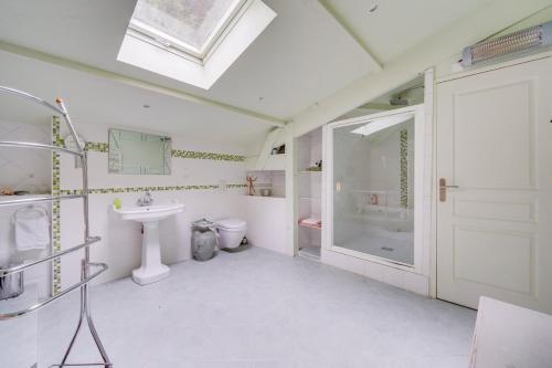 une salle de bain avec un lavabo, une douche et des toilettes dans l'établissement Charming home with a pool, à Blasimon