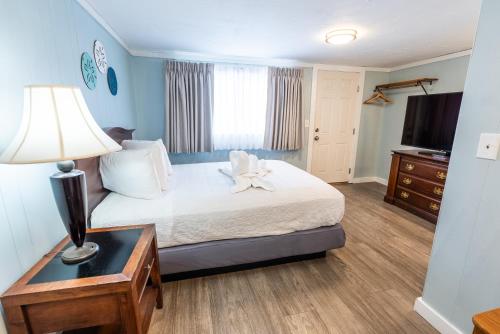 a hotel room with a bed and a table with a lamp at The Janmere Motel in Hampton