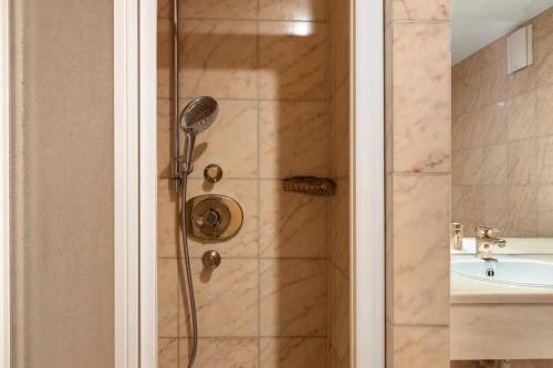 a shower with a shower head next to a sink at SEE-Hotel Seeschau - direkt am Bodenseeufer in Reichenau
