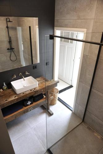 a bathroom with a sink and a glass shower at 't Onderhuis in Delft in Delft