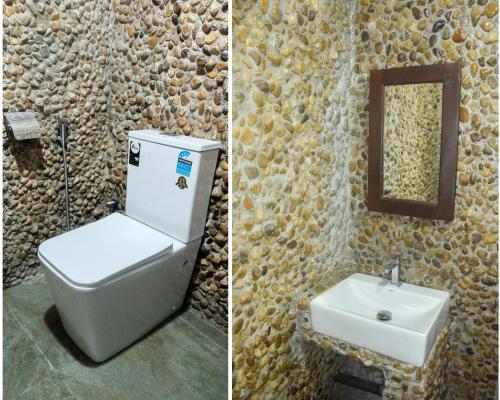 two pictures of a bathroom with a toilet and a sink at VR Nature Cottage CABANA in Wellawaya
