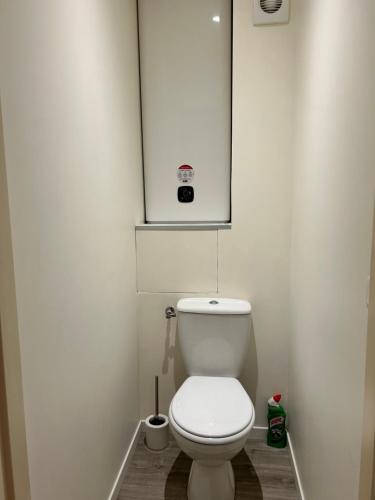 a bathroom with a white toilet with a picture above it at Studio au centre ville de Dole in Dole