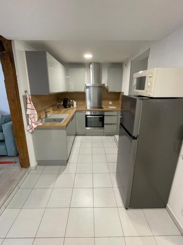 une cuisine avec un réfrigérateur en acier inoxydable et un évier dans l'établissement Le 1470 Appart 4 personnes Sélestat centre historique Alsace centrale, à Sélestat