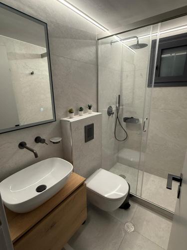 a bathroom with a sink and a toilet and a shower at Trifhouse - Village and Sea escape in Neochórion