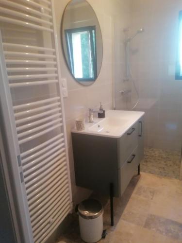 une salle de bain avec un lavabo et un miroir dans l'établissement La belle demeure de Margot, à Monbazillac