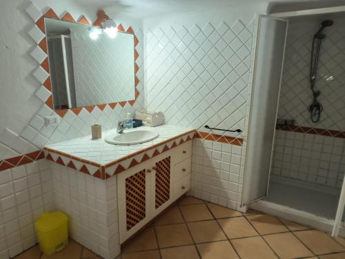 a bathroom with a sink and a mirror and a shower at appartamento Paradiso con Piscina privata in Santa Teresa Gallura