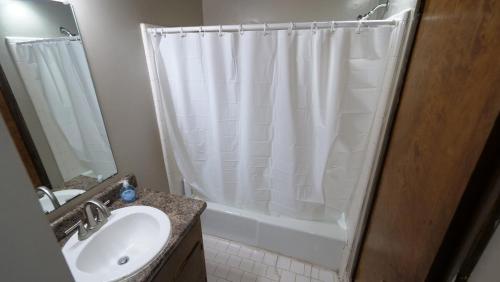 La salle de bains est pourvue d'un rideau de douche blanc et d'un lavabo. dans l'établissement Convenient, Cozy, Cheap 5, à Tallahassee