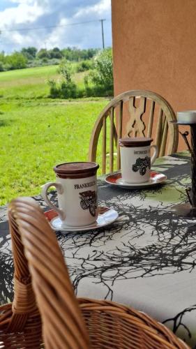 two coffee cups are sitting on a table at Maki Village in Bukorovac