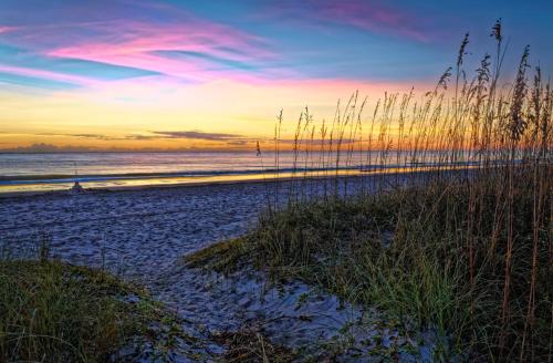 a sunset on a sandy beach with tall grass at The Spa 1219 in Hilton Head Island