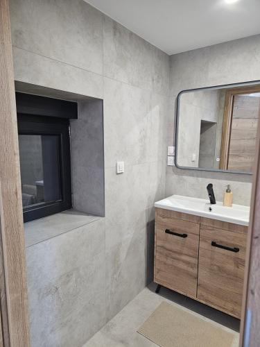 une salle de bain avec un lavabo et un miroir dans l'établissement House La Belle Escapade, à Sainte-Croix-en-Plaine