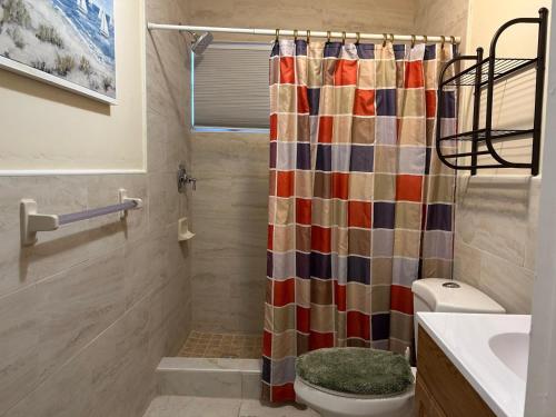 a bathroom with a shower curtain and a toilet at Treasures of Andros in Love Hill