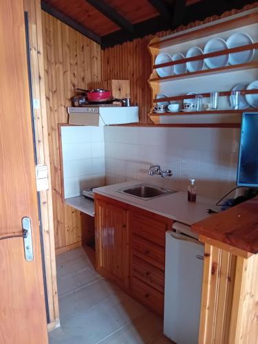a kitchen with a sink and a counter top at Villa Makis Studios in Skiathos
