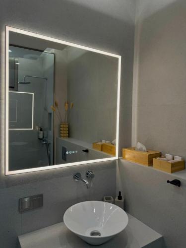 a bathroom with a sink and a large mirror at Thea Thalatta Villas in Tsoukalades