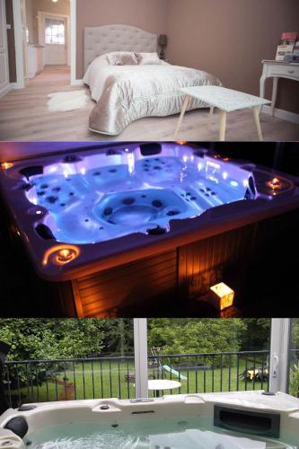 a bath tub in a room with a bed and a room with a bed sqor at La Pause Roséeenne in Rousies