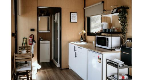 a kitchen with a counter top with a microwave at Edgar at Lake George Winery at Tiny Away in Collector