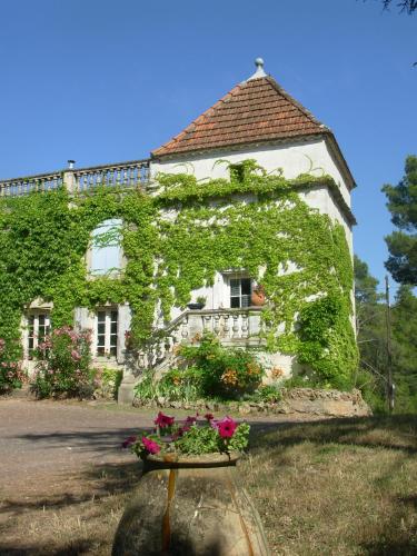 un bâtiment recouvert de lierre et de fleurs devant lui dans l'établissement Gîte sur un domaine viticole en agriculture biologique, à Cessenon