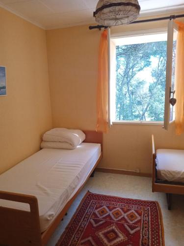 une petite pièce avec un lit et une fenêtre dans l'établissement Gîte sur un domaine viticole en agriculture biologique, à Cessenon