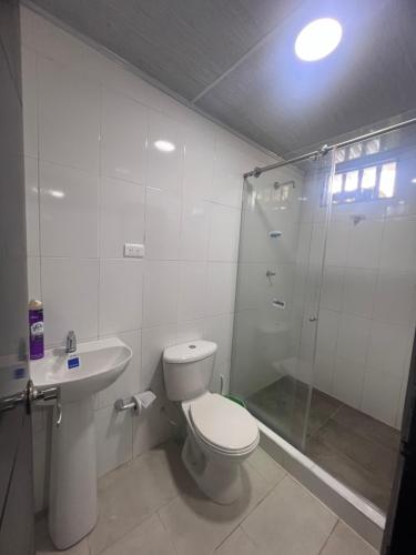 a bathroom with a toilet and a shower and a sink at Finca Hotel Villa el Ocaso Huila in Rivera