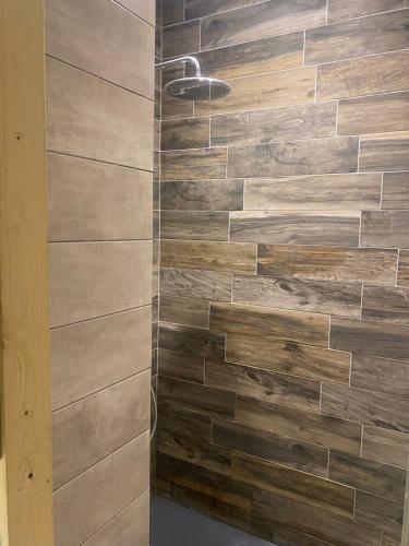 une douche avec des carreaux de bois au mur dans l'établissement Studio au centre de Cauterets, à Cauterets