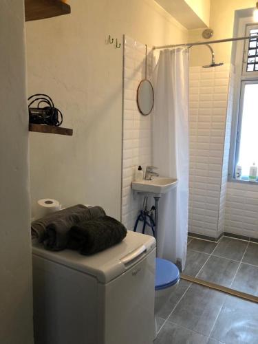 a bathroom with a shower and a toilet and a sink at Best location at Vesterbro in Copenhagen